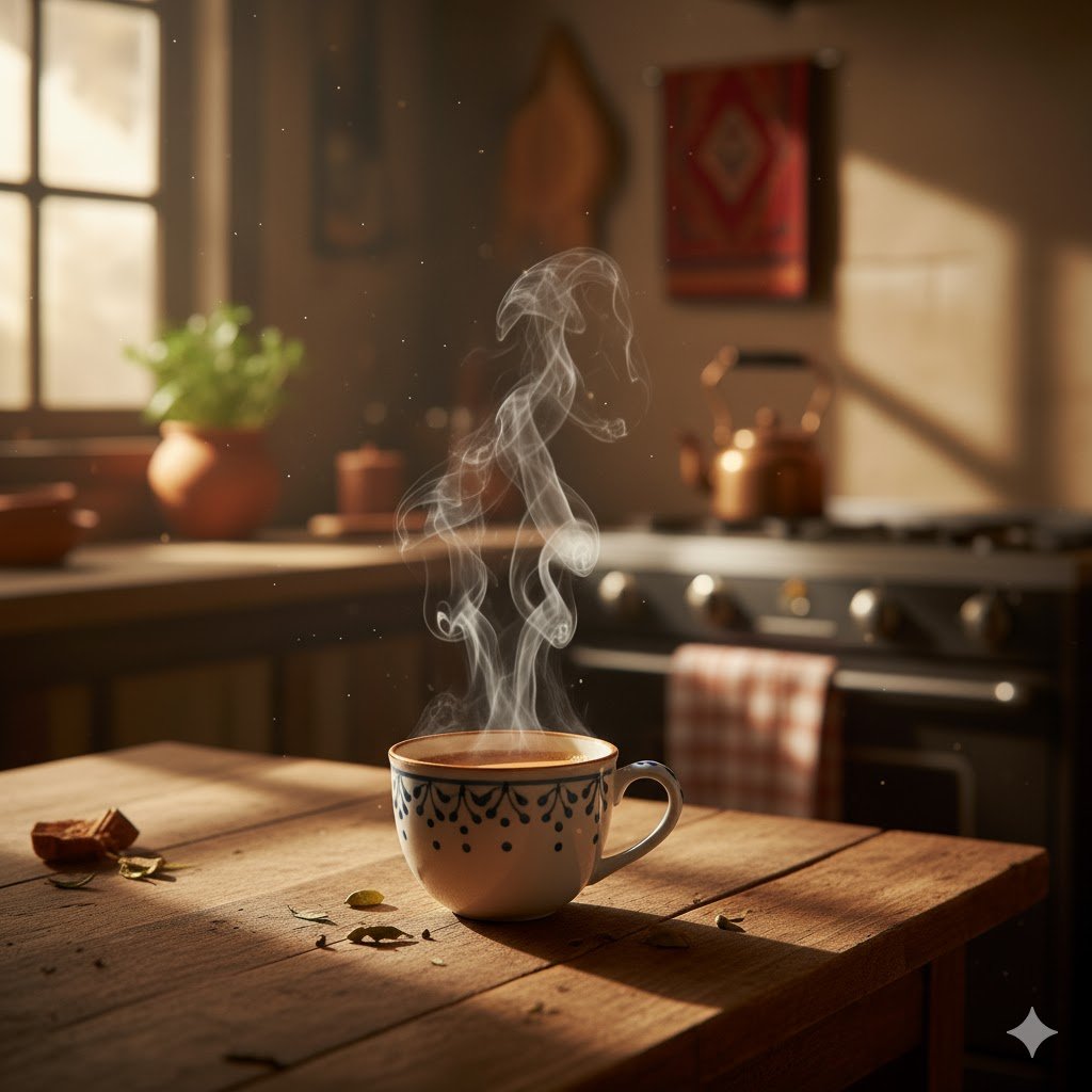 A cup of hot Indian chai on a wooden table, morning sunlight coming through the window, steam visible, realistic DSLR shot, cozy kitchen background