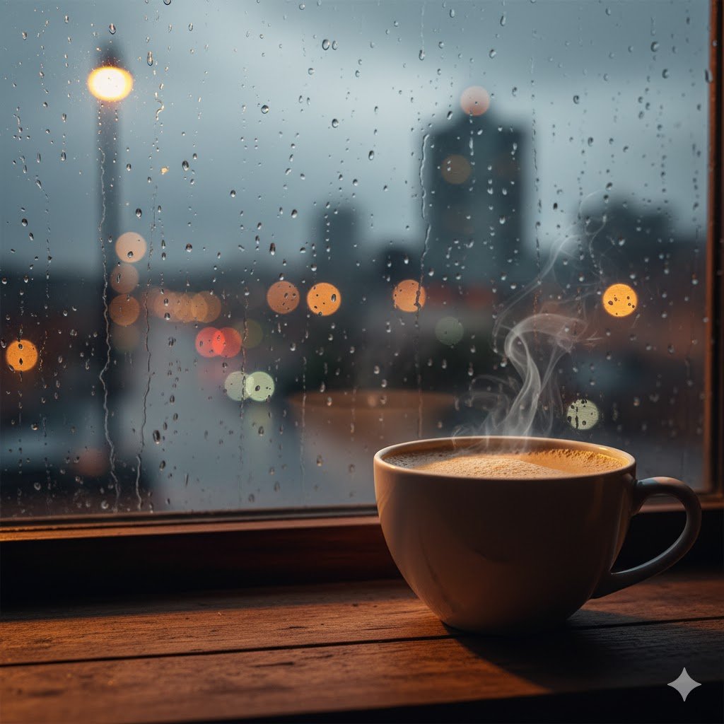A steaming cup of chai near window, raindrops on glass, blurred city background, cinematic lighting, moody tones, 4K ultra realistic.
