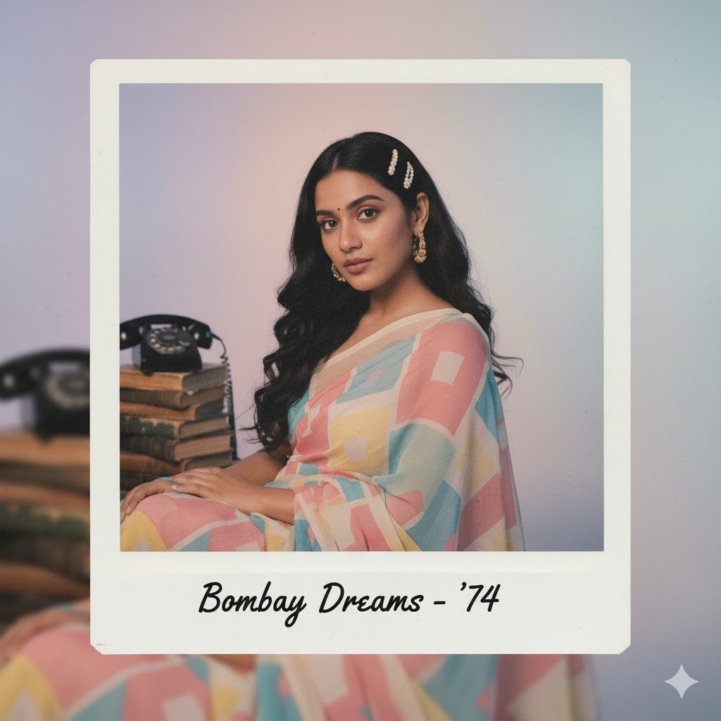 Portrait of a stylish Indian girl in Polaroid frame, soft pastel lighting, retro aesthetic, cinematic tone.