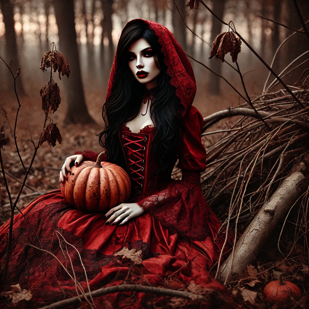A gothic-fantasytale photo of a mysterious female sitting in a forest of autumn dressed in crimson-colored clothes and lacing. The long, dark locks of her hair fall over her shoulders. Partly hidden beneath a worn red hood which drapes gracefully over her face. The pumpkin she holds is in a midst of decayed branches and twigs. They symbolize both decay and harvest. Her makeup is intense and delicate, with deep red lips, smokey eyes and a few freckles which add a touch of innocent to her terrifying appearance. The surrounding trees are barren with their dry leaves tinged by shades of rust, and umber. The dim light of the dusk spills across the forest, creating the forest in a golden brown hue that highlights the deep red hues of her dress. The mood is beautiful and haunting like she's one of the spirits that guards the forest or is the cursed maiden waiting in perpetual autumn. The painting blends gothic beauty with melancholy of fairytales, invoking themes of mystery, transformation as well as forgotten magical moments.