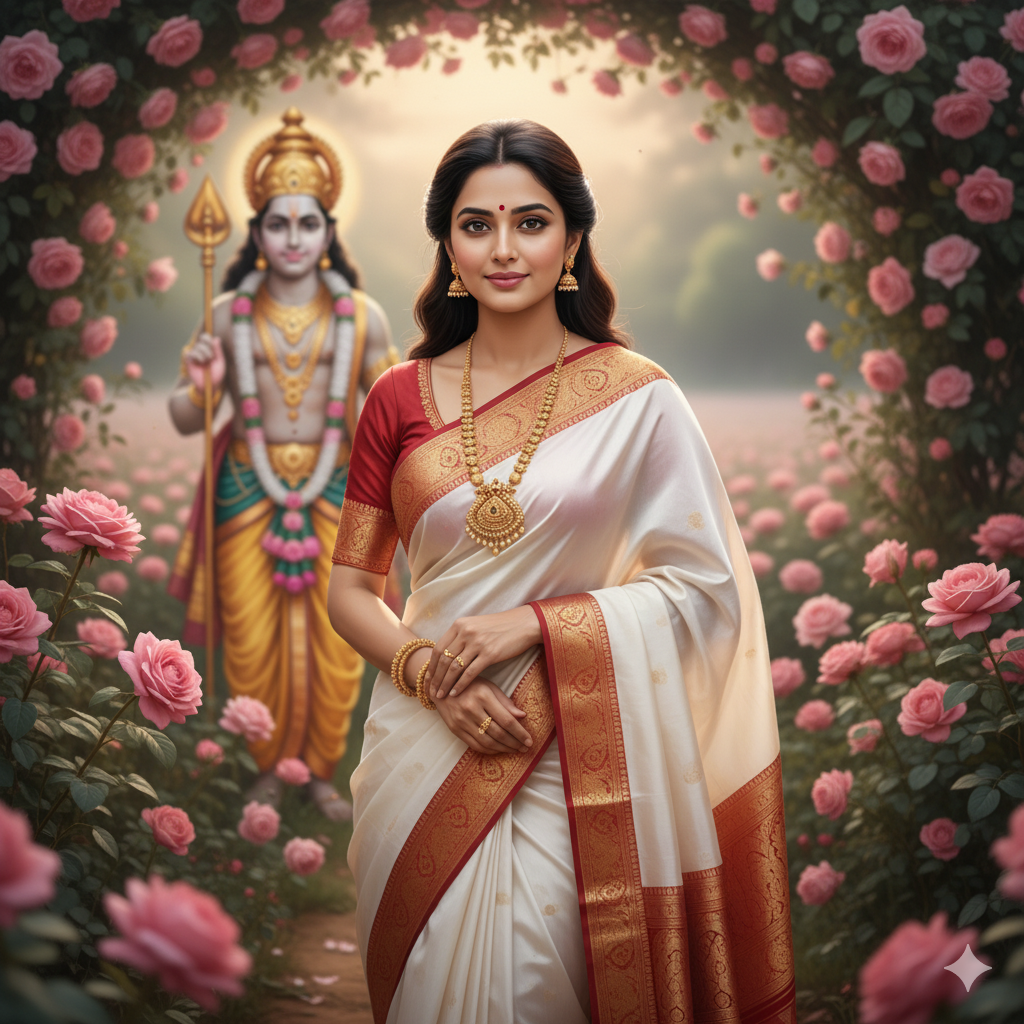 an attractive South Asian woman wearing a traditional white saree with red and gold borders, along with red blouse. She wears gold jewelry including necklace with pendant, gold bracelets and small earrings adorned with gems; standing outdoors among pink roses while Lord Murugan stands subtly blurred behind them - looking directly at camera while having gentle expression." To create your image don't alter their face in anyway...