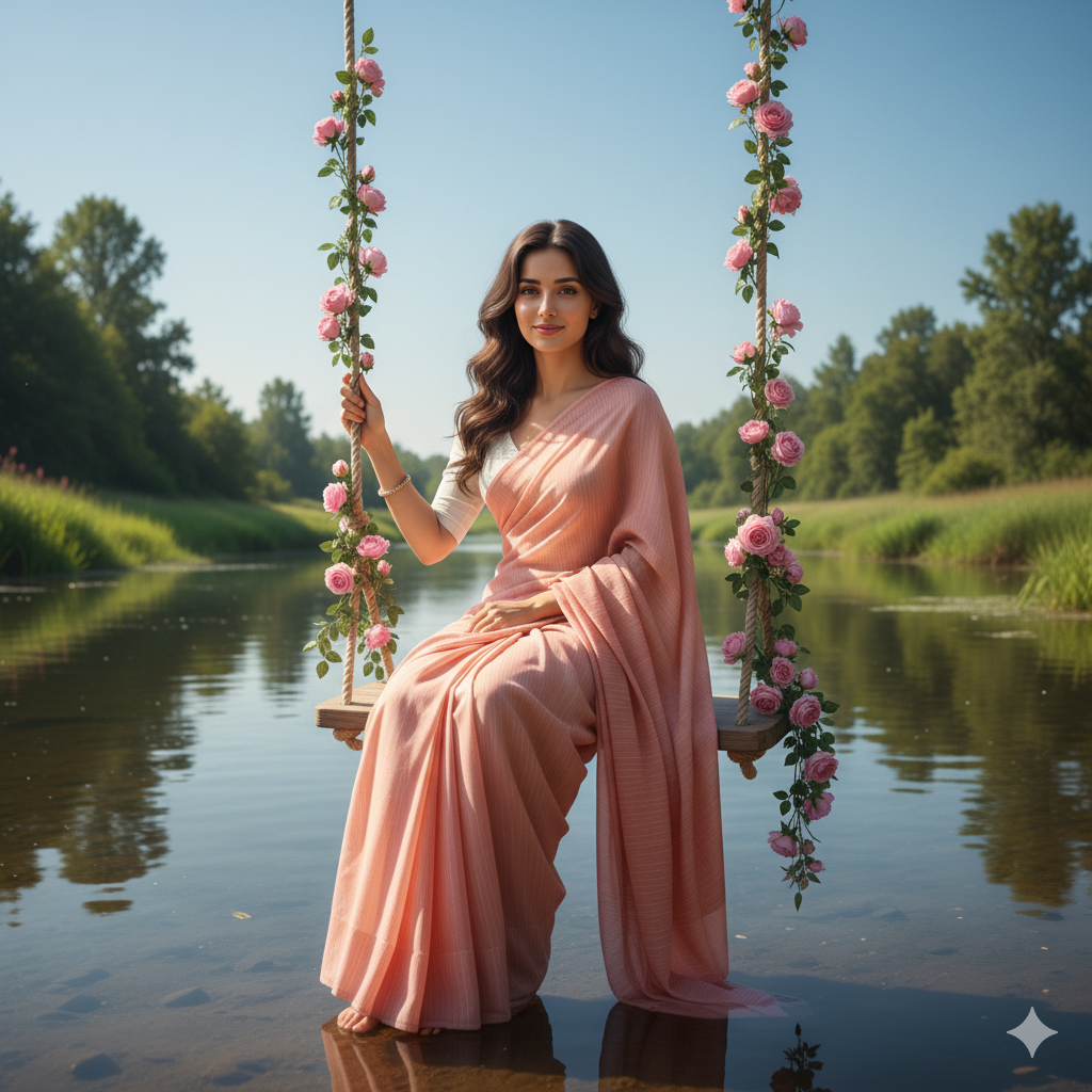 Depict a full-body portrait of a young woman (using only images that match up exactly) wearing a peach pink striped saree with white blouse and pink roses trailing along her rope swing seat, against an idyllic lake or river with lush vegetation and trees under clear blue sky and soft lighting - keeping the face unchanged as uploaded image.