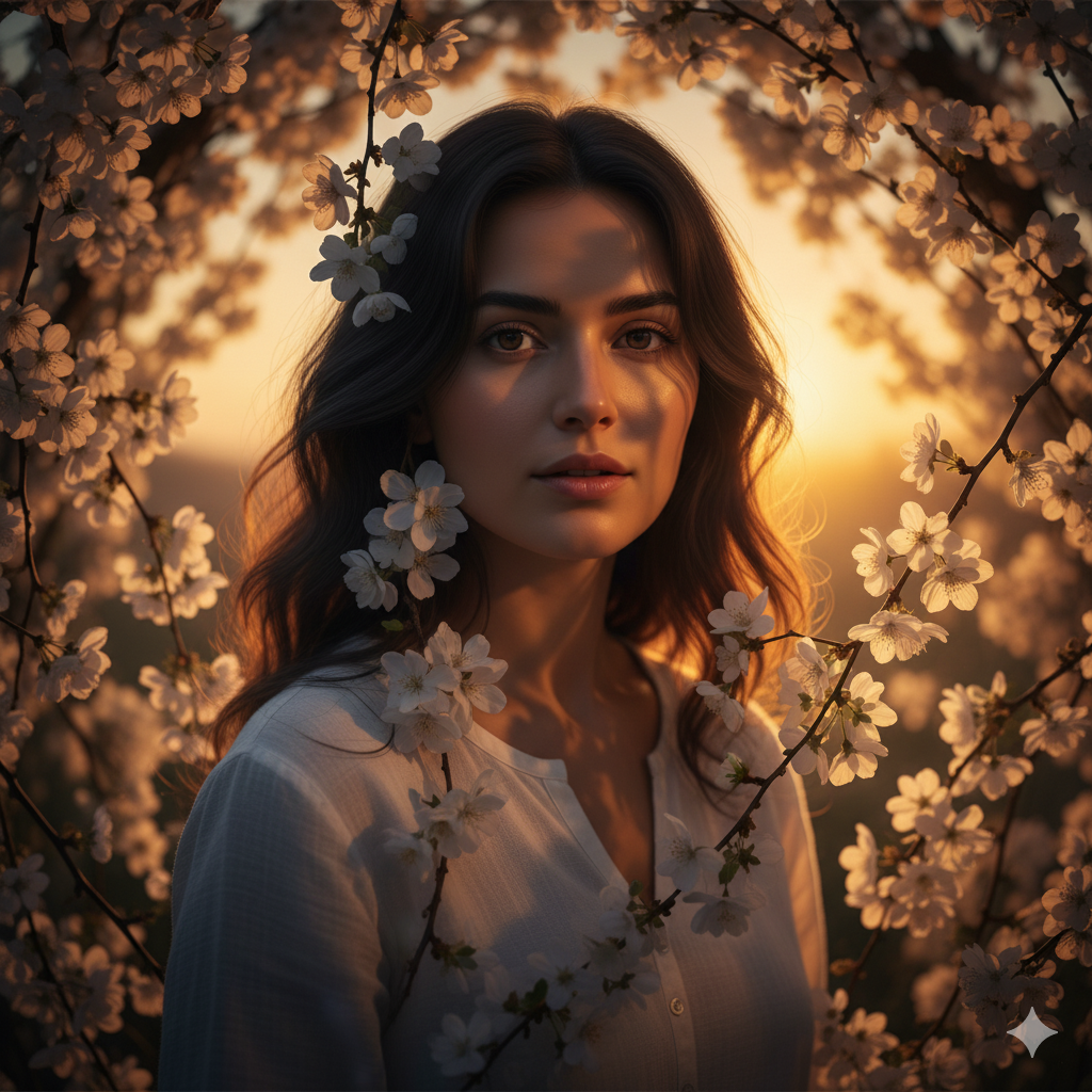a portrait of a woman with wavy, slightly messy black hair who is surrounded by hanging branches of white flowers lightly touching her face and dramatic shadows cast upon it by warm sunset light illuminating it all around. Your photo should capture her calm and tranquil expression with lips parted while looking directly into camera viewfinder; strong contrasts must exist along with strong shadows for dramatic shadow play as dramatic lighting enhances warm sunset light onto her features for dramatic shadow play illumination ; the atmosphere should create romance within its pages - ensure all facial features match those found within reference photo.
