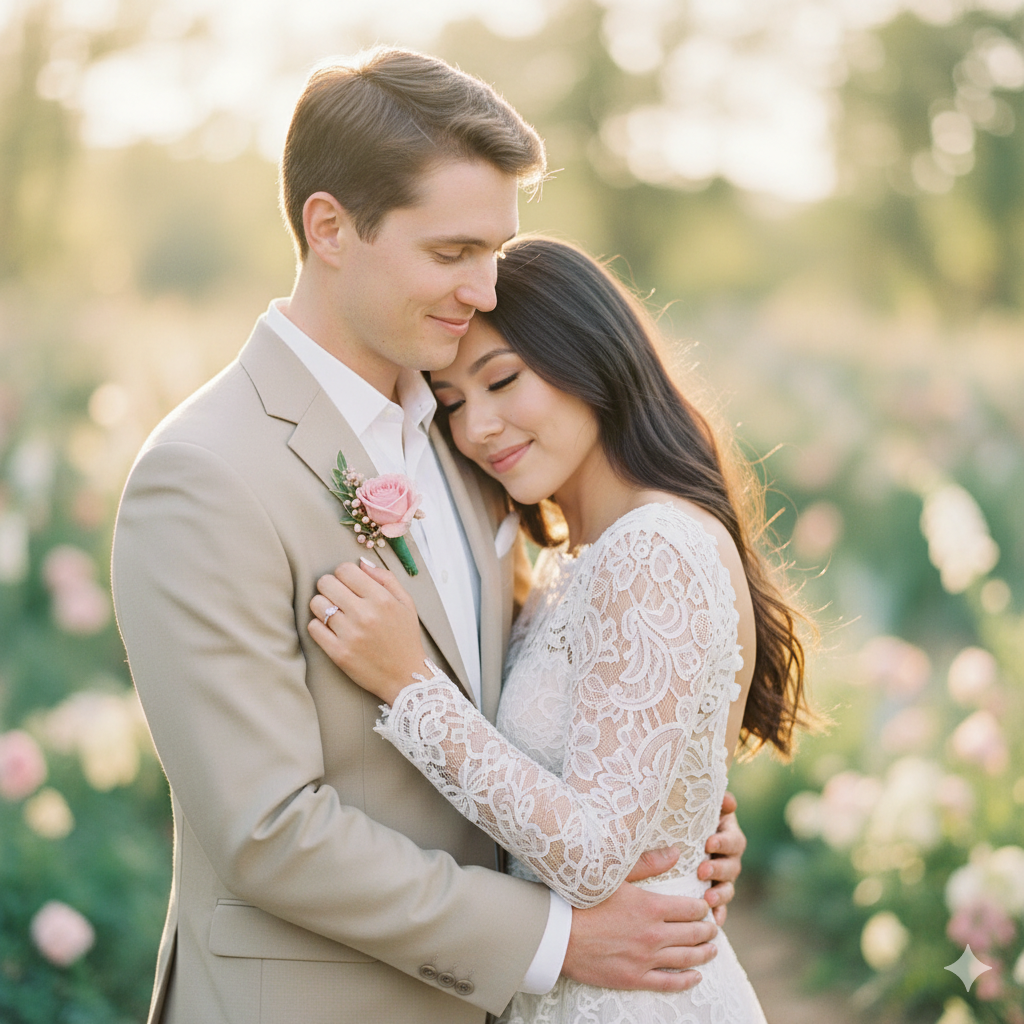 Capturing an intimate portrait of two lovers cuddling tightly against each other in an airy setting would make a beautiful scene for Prompt 1. The male subject wears a light tan suit with white shirt and pink floral boutonniere and smiles gently while holding his partner close." The woman, sporting long dark locks and wearing a white lace long-sleeve dress with long lace sleeves, appears contentedly leaning her head against his shoulder while smiling contentedly and their arms entwine in a loving embrace. Background should be softly blurred with warm lighting that includes pastel flowers or foliage for an enchanting and romantic aesthetic. Lighting should be soft yet golden for the golden hour feel or magical glow effect; don't alter facial features when taking this pose.