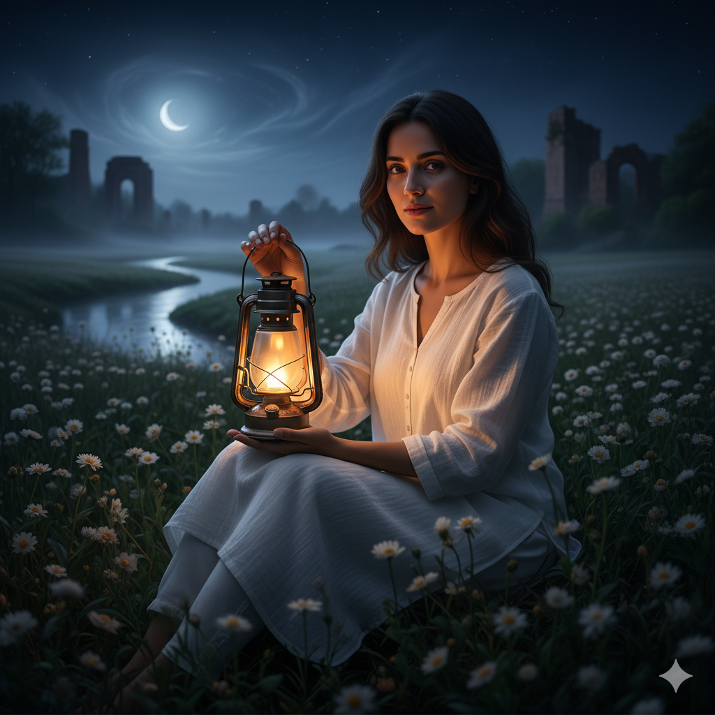 an atmospheric portrait of a woman sitting among white wildflowers at night while wearing a loose white kurta, and holding an illuminated lantern which provides dramatic and mysterious lighting, creating dramatic and mysterious atmosphere. Her gaze should remain focused upon you while her lantern casts soft glow around her foreground revealing dramatic yet mysterious atmosphere; cast an idyllic and dreamlike soft light upon calm and curious expression and cast warm illumination across a mysterious and romantic backdrop that emanates a cinematic dreamy romantic and poetic quality with distant yet serene qualities.
