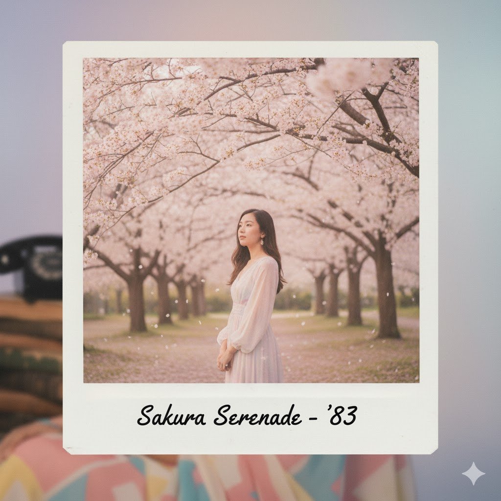Girl standing under cherry blossom trees, Polaroid frame, soft light, romantic aesthetic.