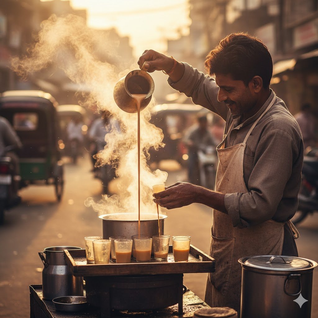 Indian street tea seller pouring chai into glass, hot steam visible, golden light, busy street background, realistic details, 4K cinematic.