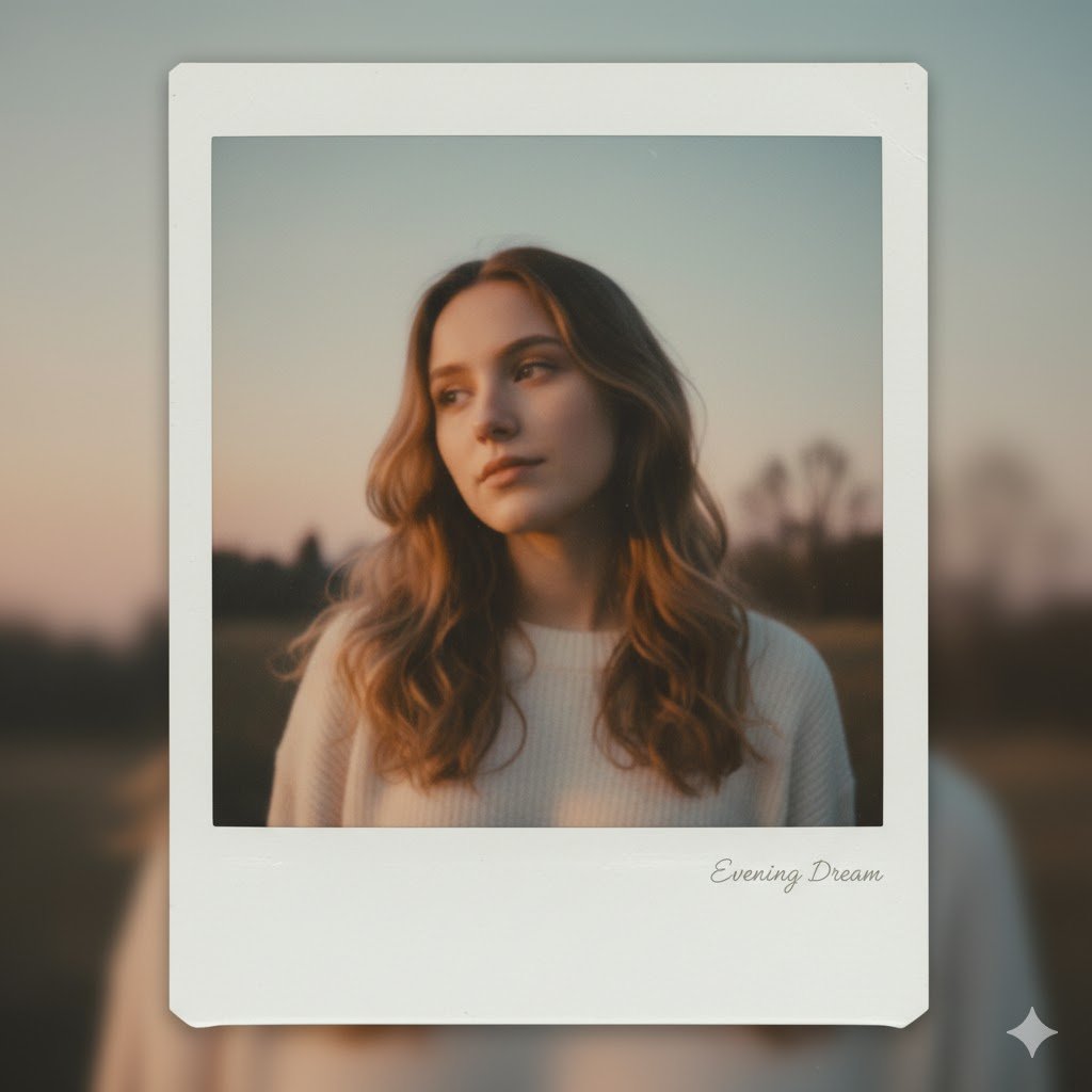 Polaroid-style girl portrait, evening light, soft focus, minimal background, dreamy vibe