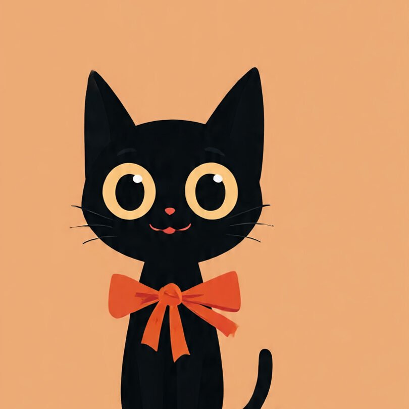 a charming Halloween cartoon character with a friendly cat in black wearing an Chibi-style orange bow with large expressive eyes and a friendly smile, soft hues (orange black, red and green) A simple and minimalist background, digital illustrations, clear graphic art.
