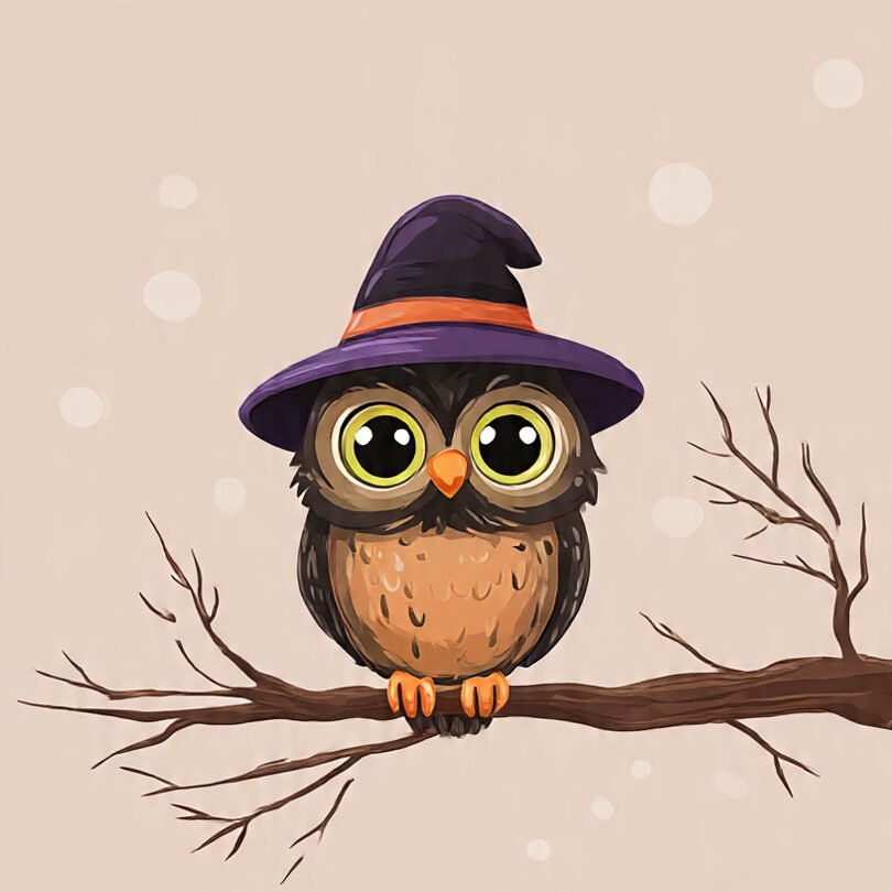 a charming Halloween image of a cute Owl wearing a small witch's hat on a branch of a tree, in a chibi style, with expressive eyes and a friendly smile and soft palette of colors (orange black, violet and green) with a simple, minimalist backgrounds, digital illustrations simple graphic art.Use these prompts to observe the results that Meta AI produces. When you know what the AI determines what the templates are you can alter it to suit your own ideas for characters.