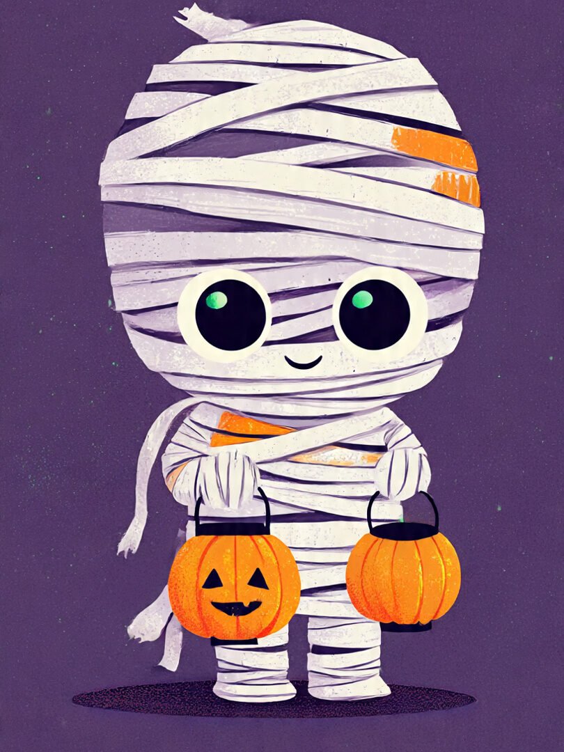 a charming Halloween model of a happy mummy covered in loose bandages with a small pumpkin lantern in chibi-style, with large eyes that are expressive and a friendly smile soft palette of colors (orange black, dark purple green) Simple background, illustration using digital technology, simple artwork in vector.
