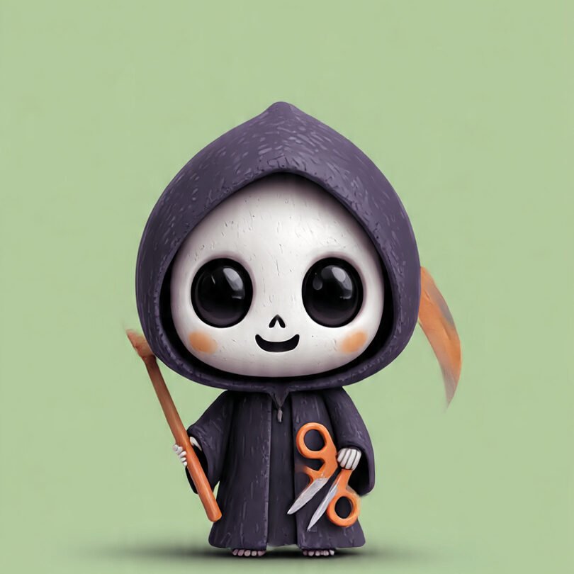 a charming Halloween model of a grim reaper with a tiny scissor, in a chibi-style style. large expressive eyes and a smiling expression, soft palette of colors (orange black, violet green) A simple and minimalist background, digital illustration clear graphic art.