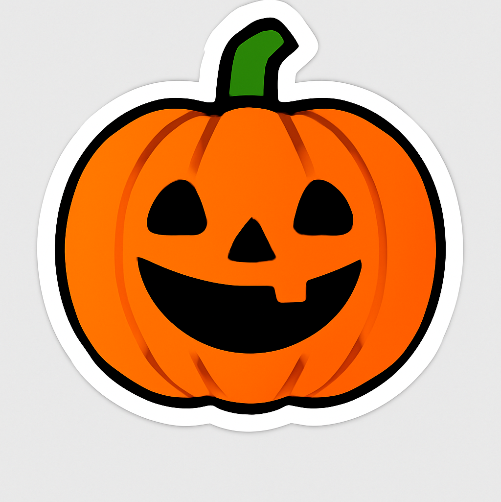 a cute sticker of a bright orange jack-o’-lantern with a big friendly smile, clean vector style, bold outlines, minimal shading, white sticker border