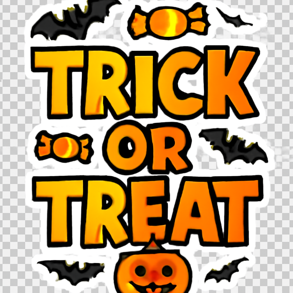 a sticker with “Trick or Treat” text in bold Halloween font, decorated with bats, candy, and pumpkin icons
