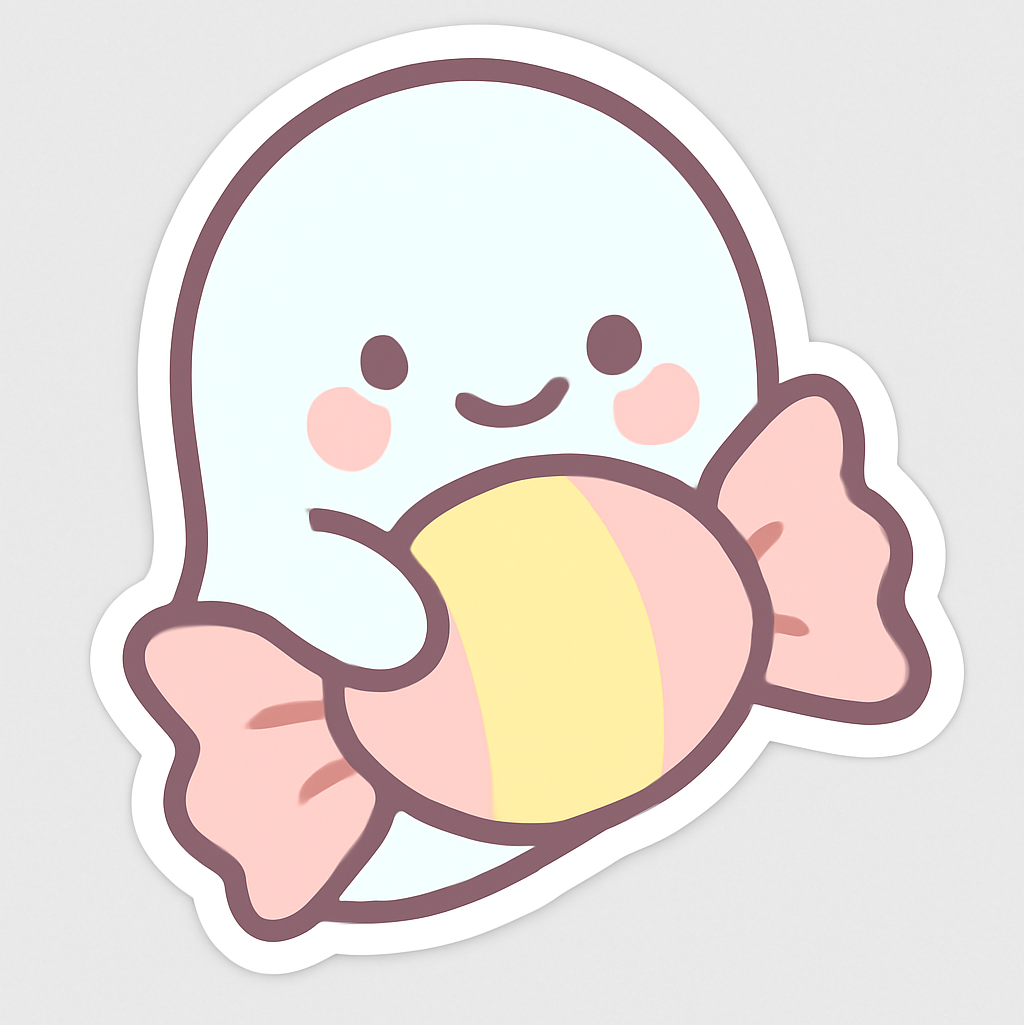 a cute kawaii style ghost hugging candy soft pastel color, round shapes, adorable smiling face, basic graphic sticker
