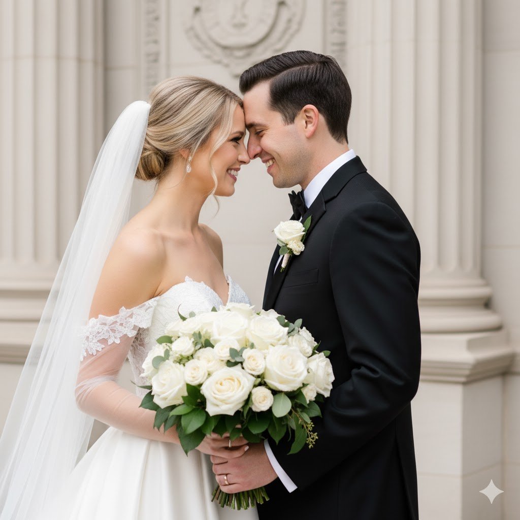 Beautifully captured wedding portrait of bride and groom standing close together while gazing into each other's eyes in love and intimacy. Bride is wearing blonde-styled hair under a veil while dressed in strapless white gown with sheer off-shoulder sleeves - holding large bouquet of white roses." The groom, sporting dark locks and wearing an elegant black tuxedo with white shirt and bow tie. He holds hands while gently touching foreheads - both are smiling widely as they smile back. Background should consist of light-colored stone or concrete walls featuring architectural features like columns. Lighting should be soft and even, emphasizing their joyful expressions and avoid changing facial features too much; don't change what makes the face unique.